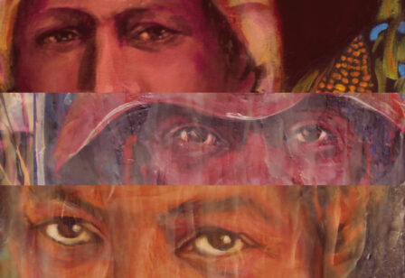 One of three images collaged together from the Ancient Burying Ground's African Native Burials website by artist Cora Marshall, right section, colorful sections of African & Native Americans' faces, right side of a woman's face with an ear of native corn, a man with a floppy hat's direct gaze, a realistic side eye glance at us, asking us to account for our past