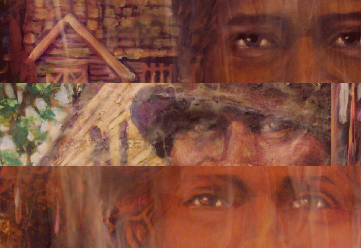 One of three images collaged together from the Ancient Burying Ground's African Native Burials website by artist Cora Marshall, left section, colorful and compelling sections of African-Americans' faces, their eyes looking at us directly