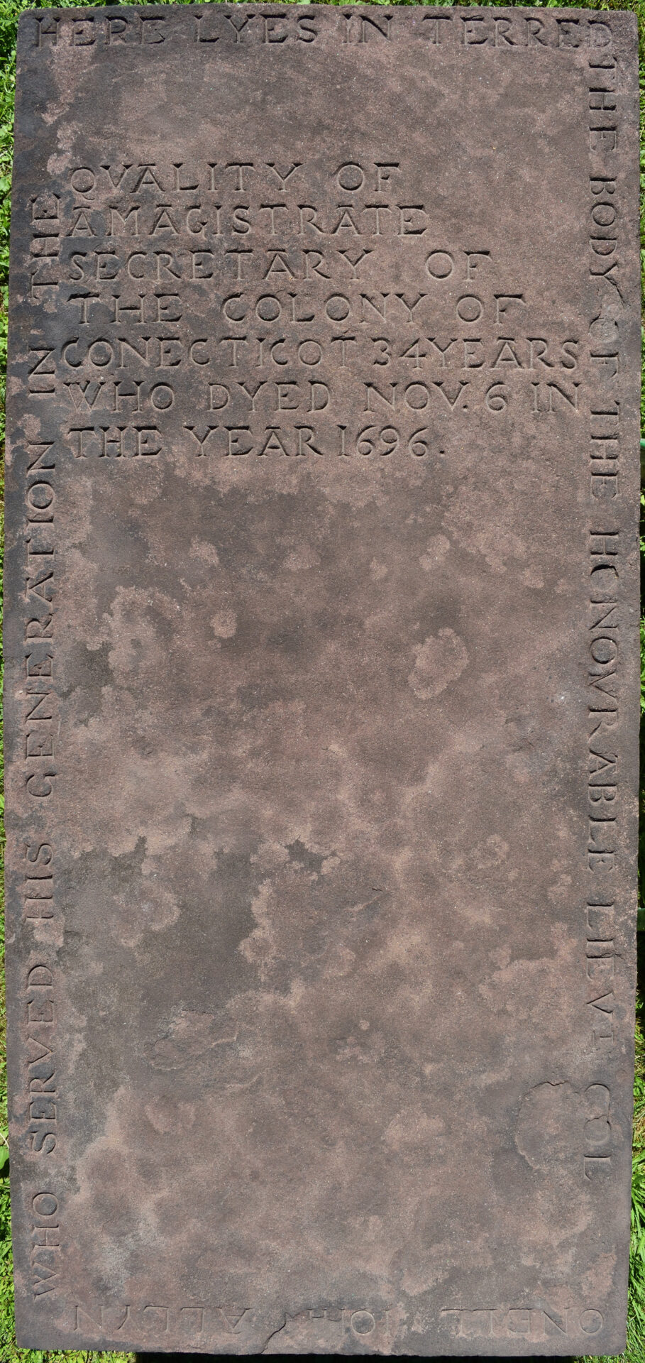 Photo of Inscription on tablestone for Lieutenant Colonel John Allyn, 1696