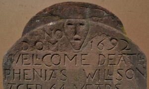 Image of Marker #811 - tympanum of headstone for Phenias Willson, 1692