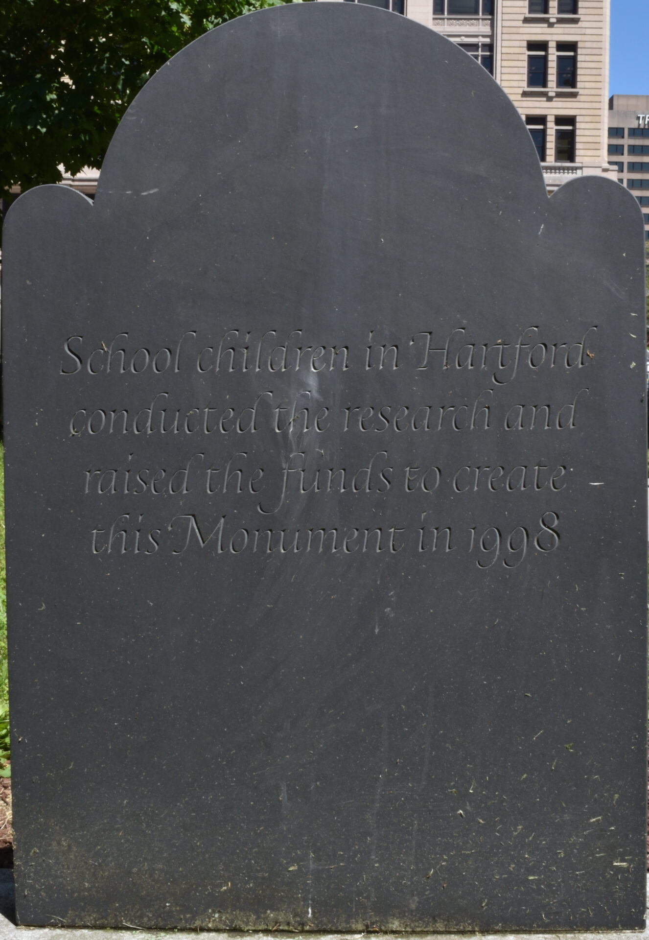 African American monument - back of headstone, inscription - "School children in Hartford / conducted the research and / raised the funds to create / this Monument in 1998"
